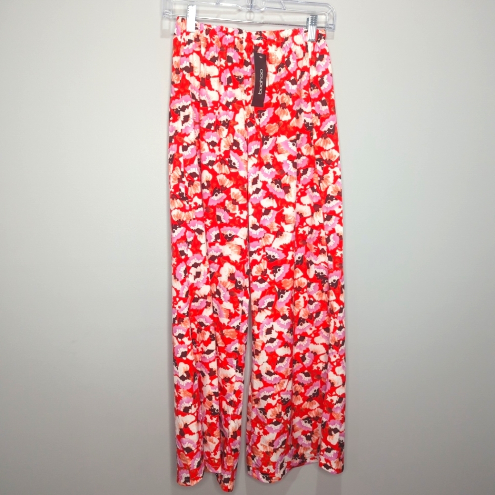 Boohoo Woven Red Floral Print Wide Leg Trousers Women's 8 NWT